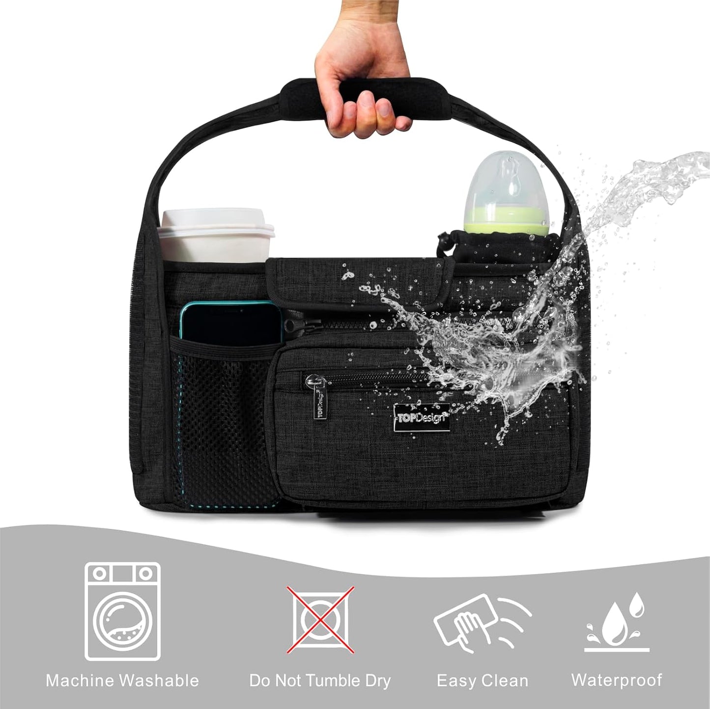 TOPDesign Universal Baby Stroller Organizer, Stroller Caddy with Detachable Mesh Bag & Heightened Insulated Cup Holders & Non-Slip Secure Hooks Accessories, Fits Most Strollers (Mermaid)