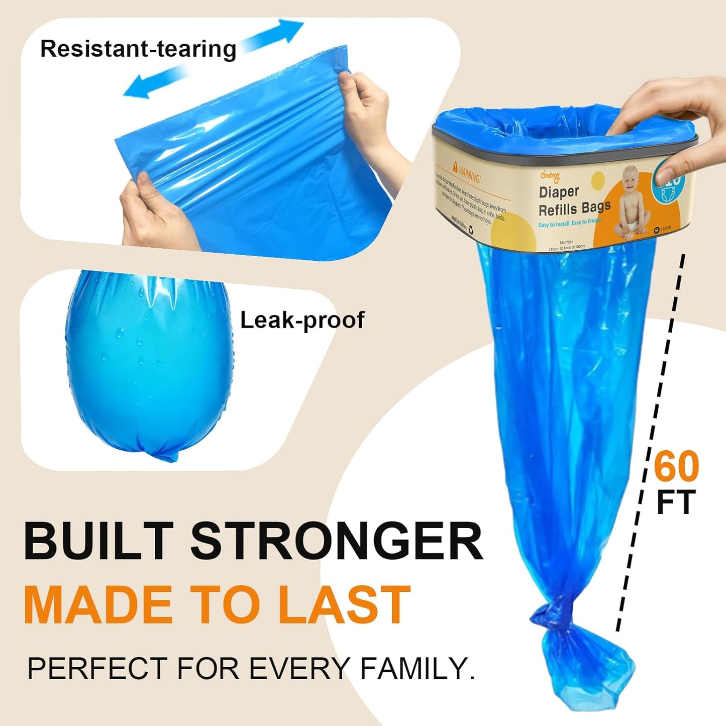 Jumbo Square Refill Compatible with Diaper Genie Classic,Compact and Select Pails,Odor Control & Durable,Holds Up to 810 Newborn Diapers,Plant Scented Disposal Bag Refills with Continuous Film（2 pack）