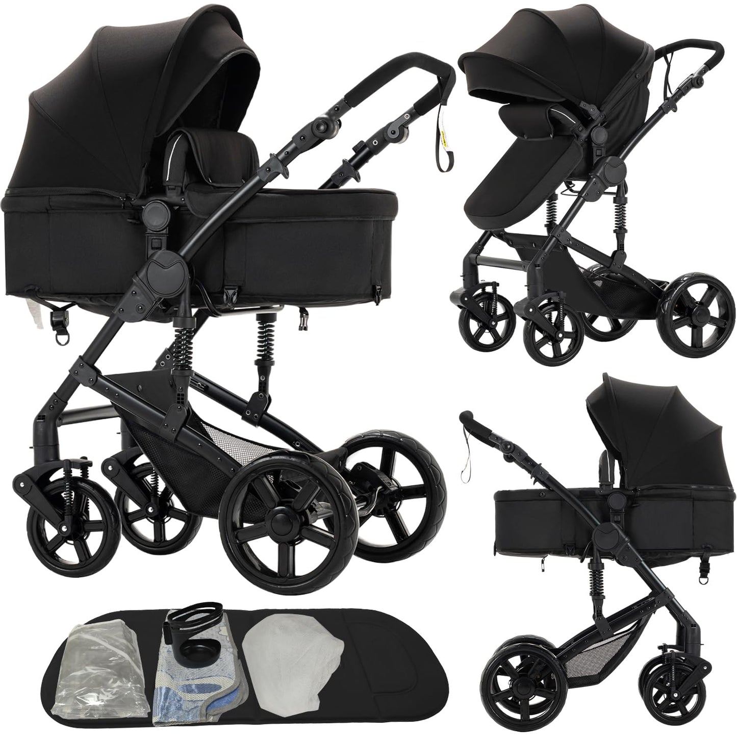 2 in 1 Baby Stroller, Convertible Pram, Reversible Standard Baby Stroller, Portable Baby Buggy, Infant Carriage, Foldable High Landscape Pushchair for Toddler Newborn (2US588-BLACK)