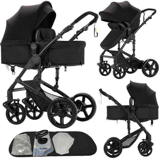 2 in 1 Baby Stroller, Convertible Pram, Reversible Standard Baby Stroller, Portable Baby Buggy, Infant Carriage, Foldable High Landscape Pushchair for Toddler Newborn (2US588-BLACK)