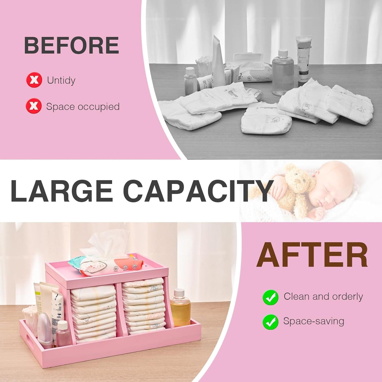 Three colors Diaper Organizer, Wooden Diaper Caddy Organizer, Changing Table Organizer, Diaper Storage Organizer, Nursery Baby Organization Pink