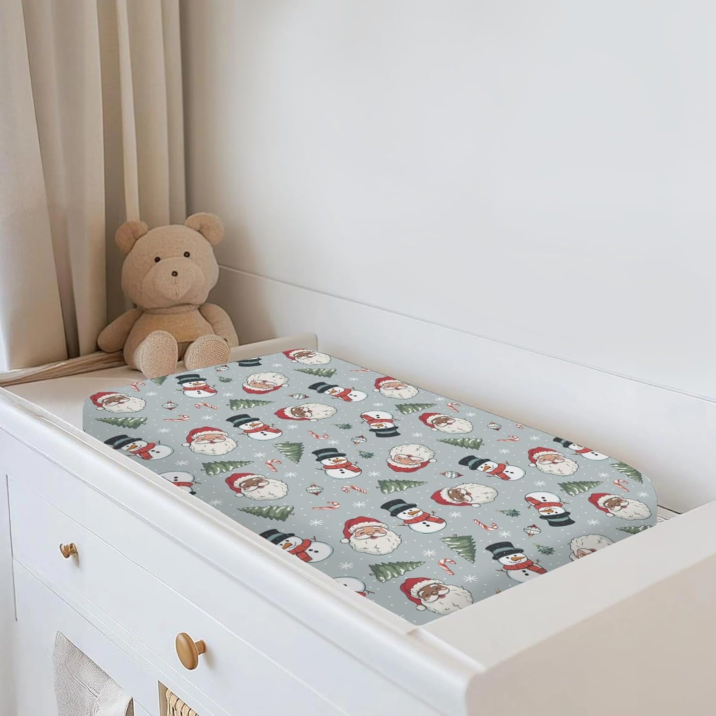 Cute Santa Claus Christmas Trees Baby Changing Pad Covers for Boy Girl Red Santa Snowman Candy Fitted Changing Table Cover Mats Winter Holiday Festive Soft Diaper Change Table Cover Sheets 32''×16''