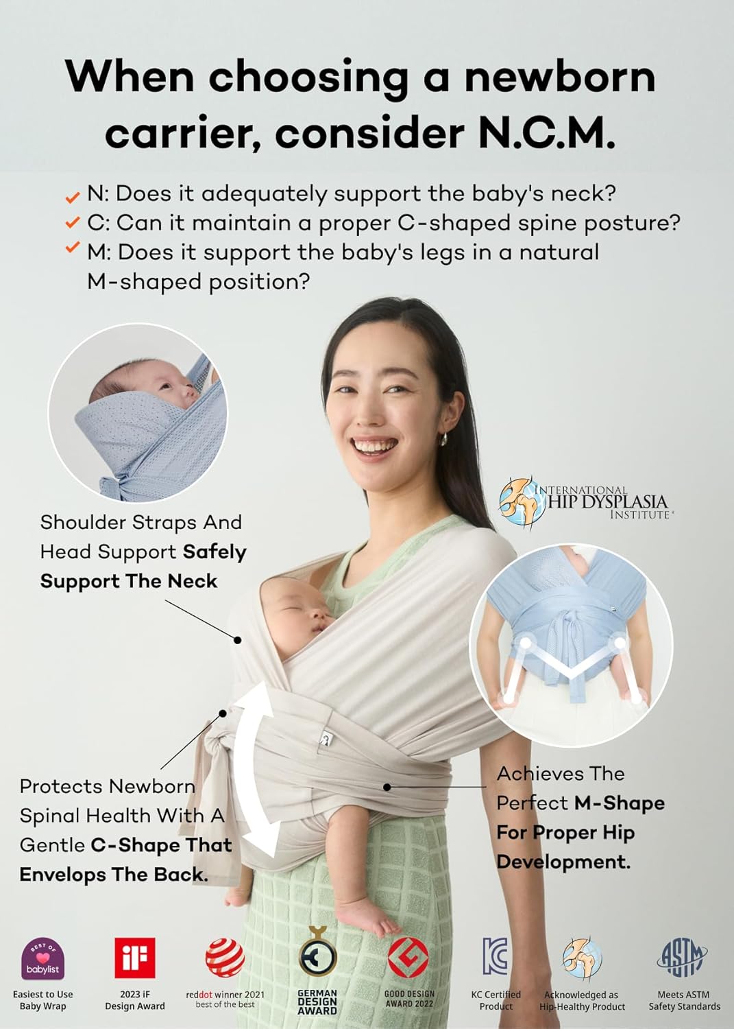 Konny Baby Carrier Flex SoftBreeze with Head Support - Adjustable, Easy to Wear Baby Wrap Sling, Perfect for Newborn Babies Essentials up to 44 lbs (M-4XL) - Neutral Beige