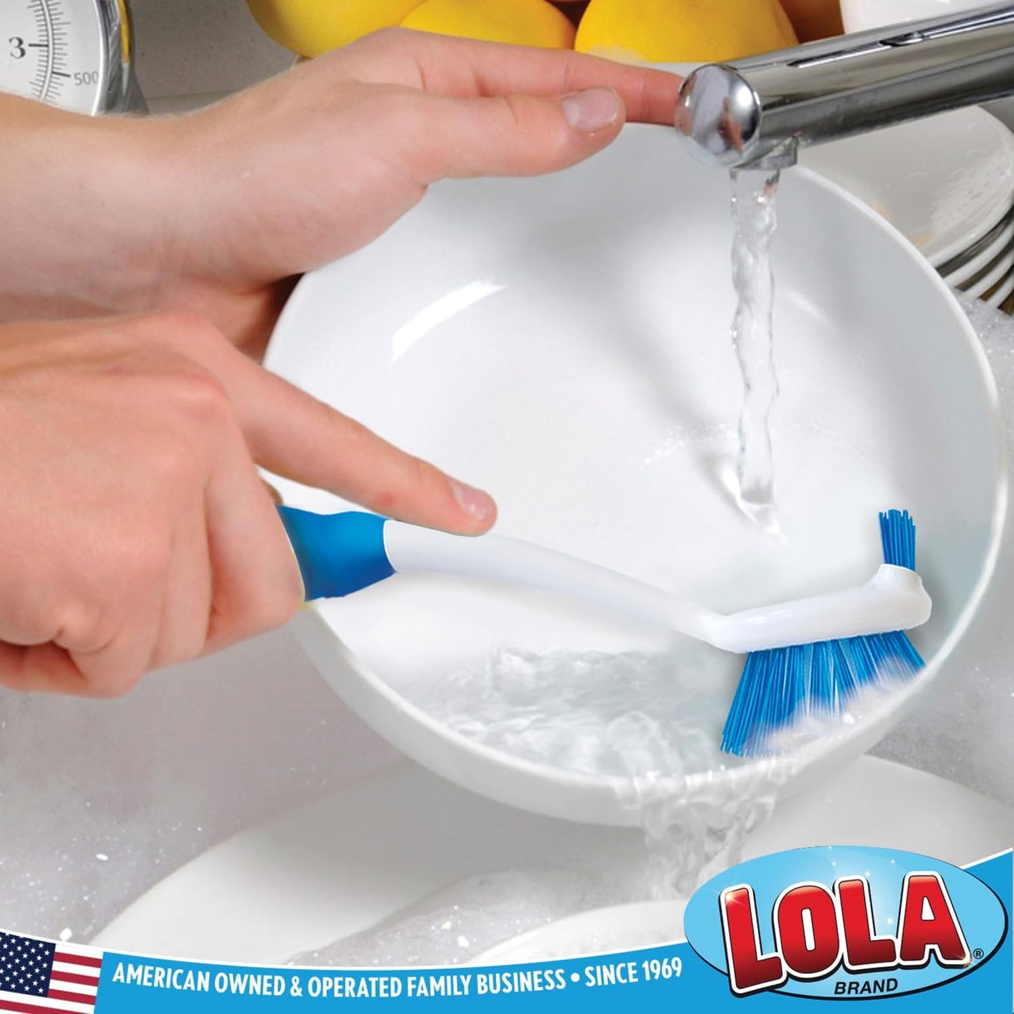 Dish Brush Scrubber for Kitchen, 2 Pack, by LOLA, Has Stiff Bristles & Food Scraper, Comfort No-Slip Grip Handle, Safe for Non-Stick & Coated Cookware