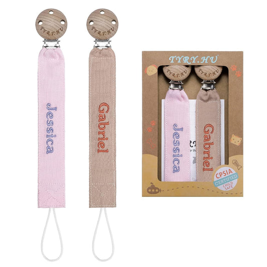 TYRY.HU Personalized Pacifier Clip with Name, Embroidery Pacifier Holder for Baby Girls and Boys, Neutral Binky Clips Universally Fit All Pacifiers & Baby Toys, Baby Gift, 2 Pack(Pink, Khaki)