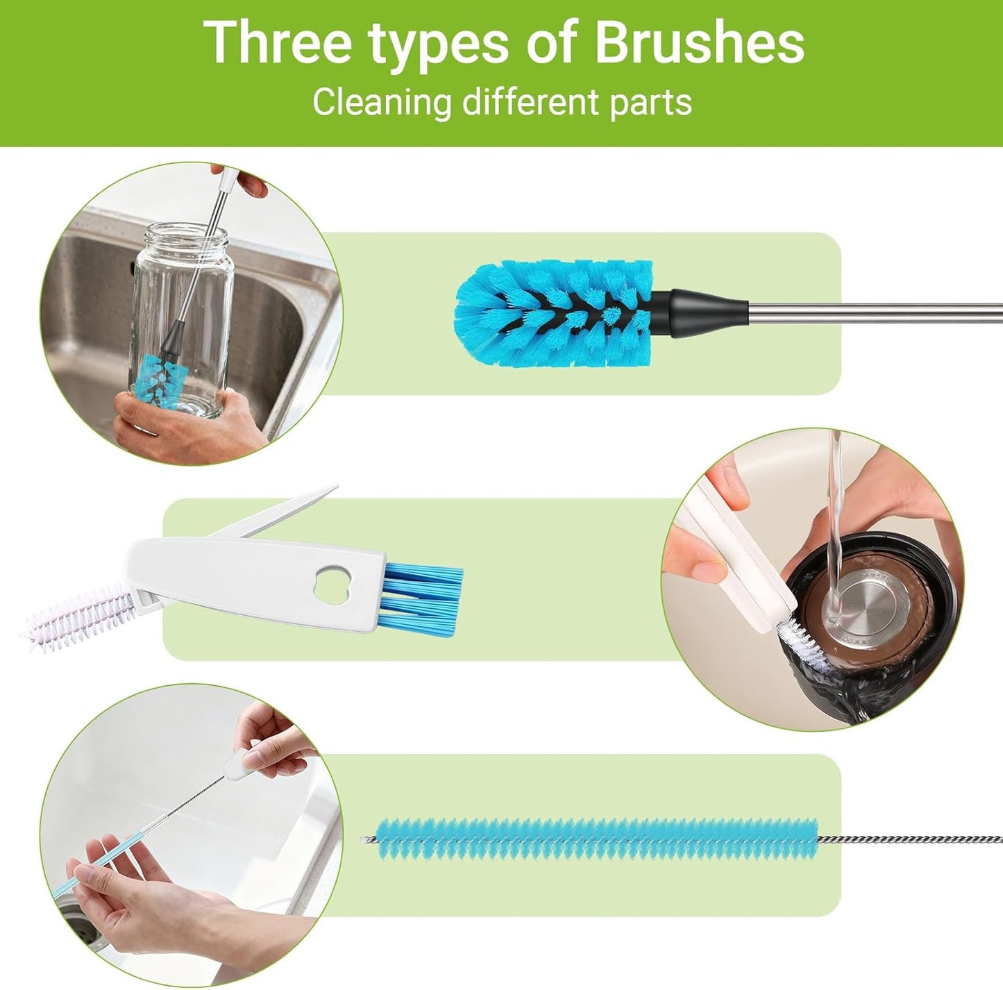 3-in-1 Bottle Brush, 15 Inches Long Handle Kitchen Water Bottle Brush, Stainless Steel Bottle Cleaner Brush with Straw Brush & Lid Brushe for Cleaning Wine Glasses,Coffee Mugs,Tumblers,Wine Decanters