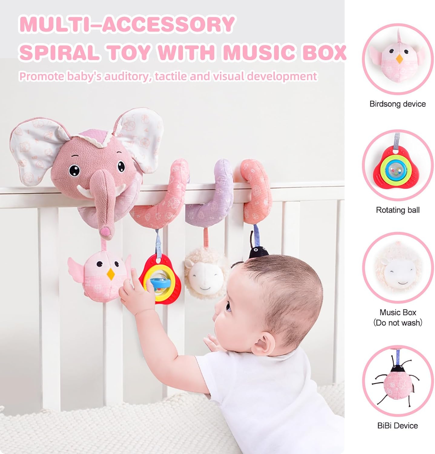 Jollybaby Crib Stroller Car Seat Toys for Baby 0-3-6-9-12 Months, Tummy Time Hanging Sensory Toys for Newborn with Music Box and Teether, Spiral Carseat Toy for Boys Girls Gifts (11-Sz Pink Elephant)