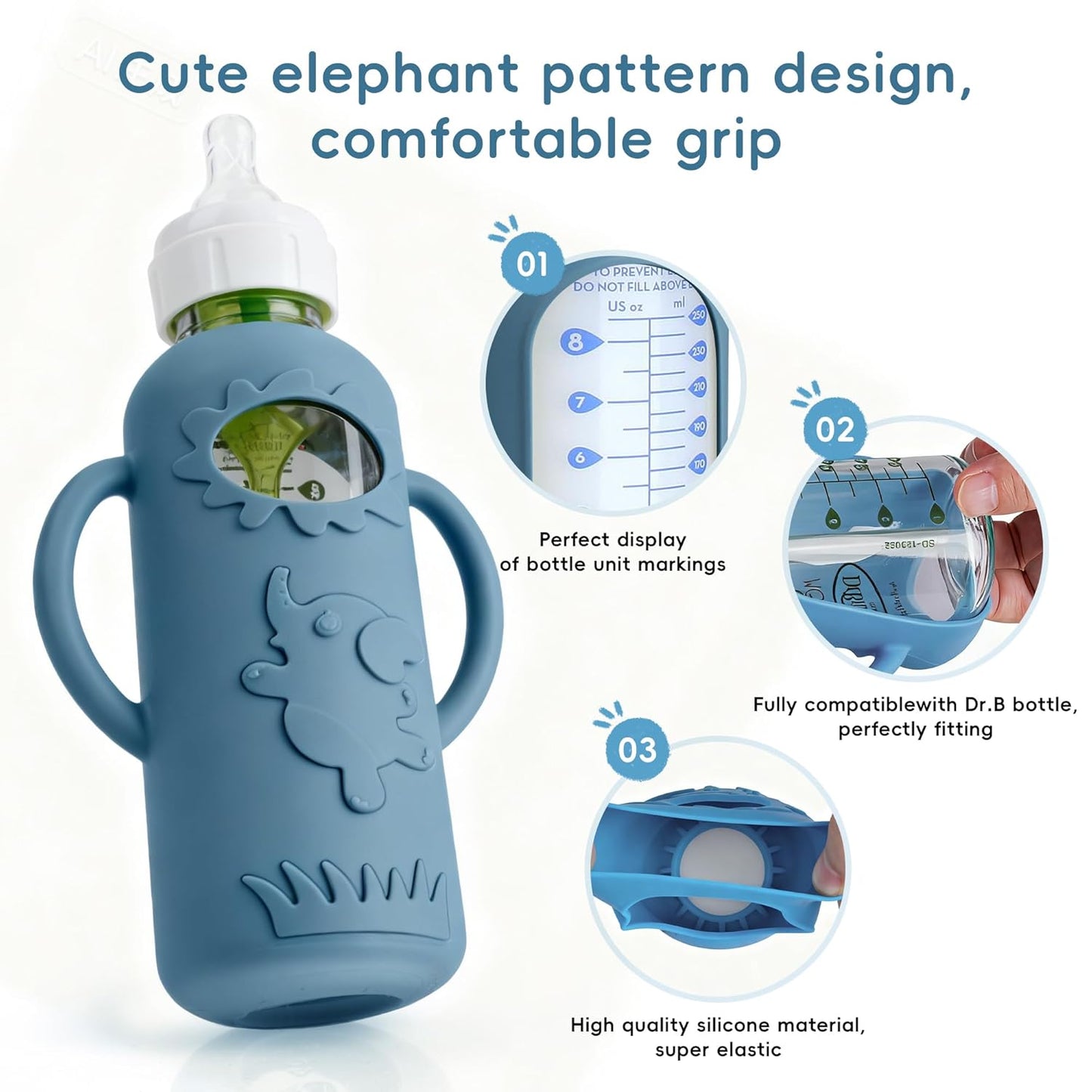 3-Pack Silicone Bottle Sleeve with Handles for Dr. Brown’s 8oz Narrow Glass Baby Bottles – BPA-Free, Heat-Resistant, Anti-Slip Grip, Easy to Clean, Multiple Colors (8oz,Dark Green + dark blue + white)