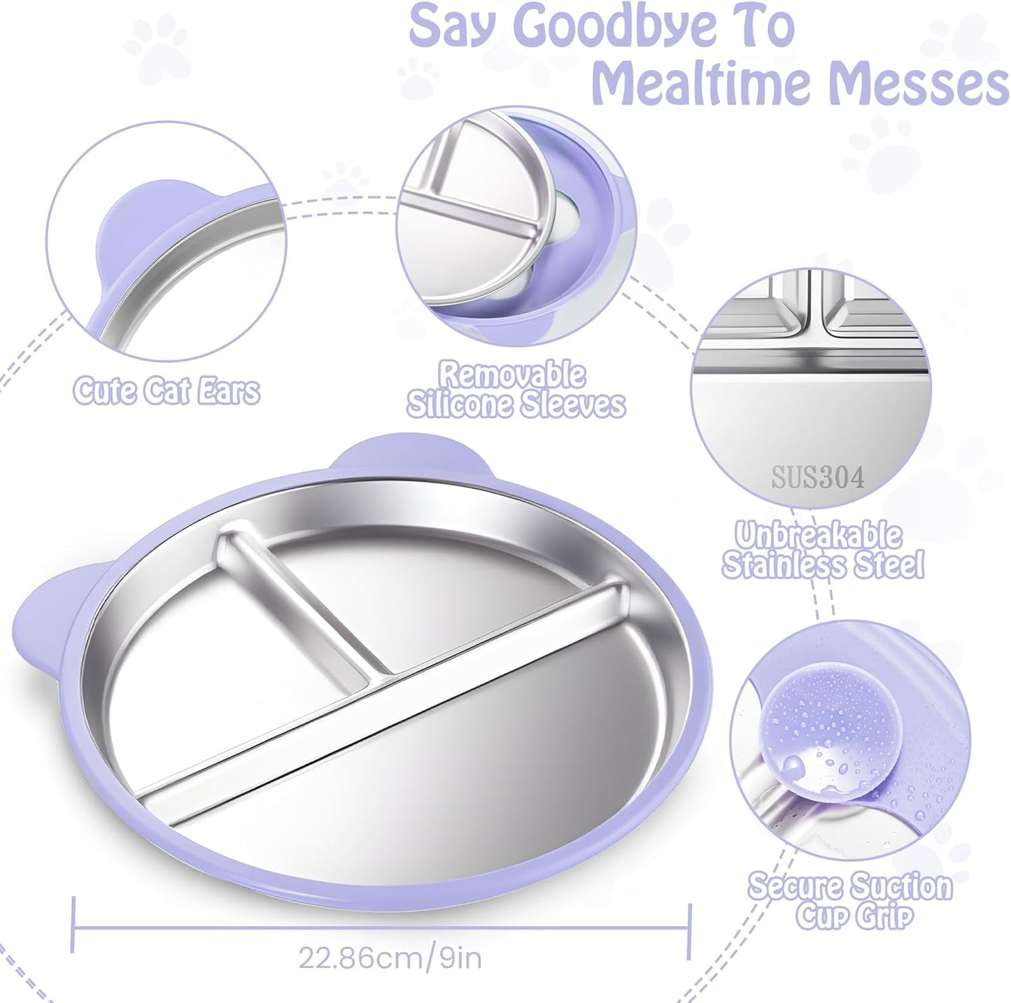 Stainless Steel Kids Plate with Suction Set of 2, 9″ Toddler Divided Plates with Removable Non Slip Silicone Sleeves, Unbreakable Baby Snack Dishes, Mess-Free Mealtime, Mint Green & Wisteria