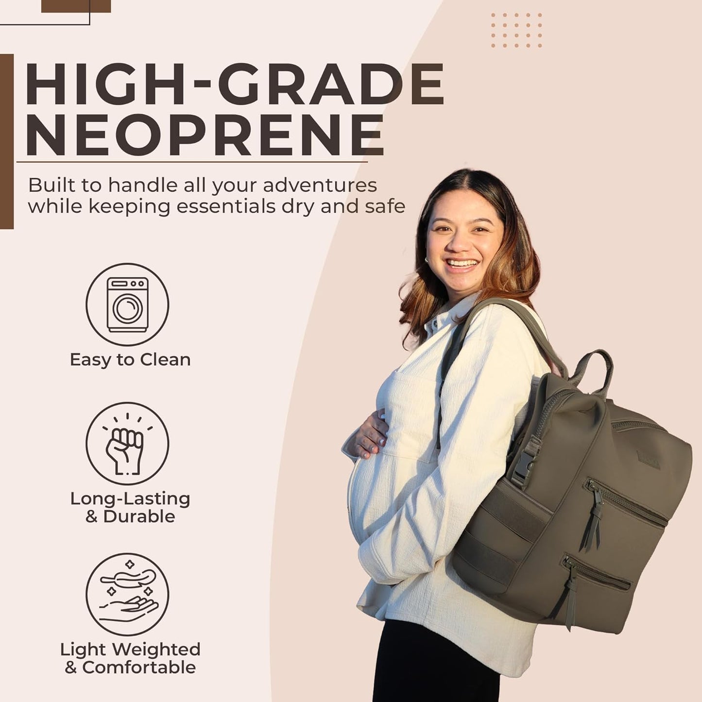 Neoprene Diaper Bag, Minimalist Backpack Diaper Bag with Pouch, Changing Pad, and Stroller Straps, Water Resistant and Lightweight Dad Diaper Bag, Diaper Bag Backpack - Olive