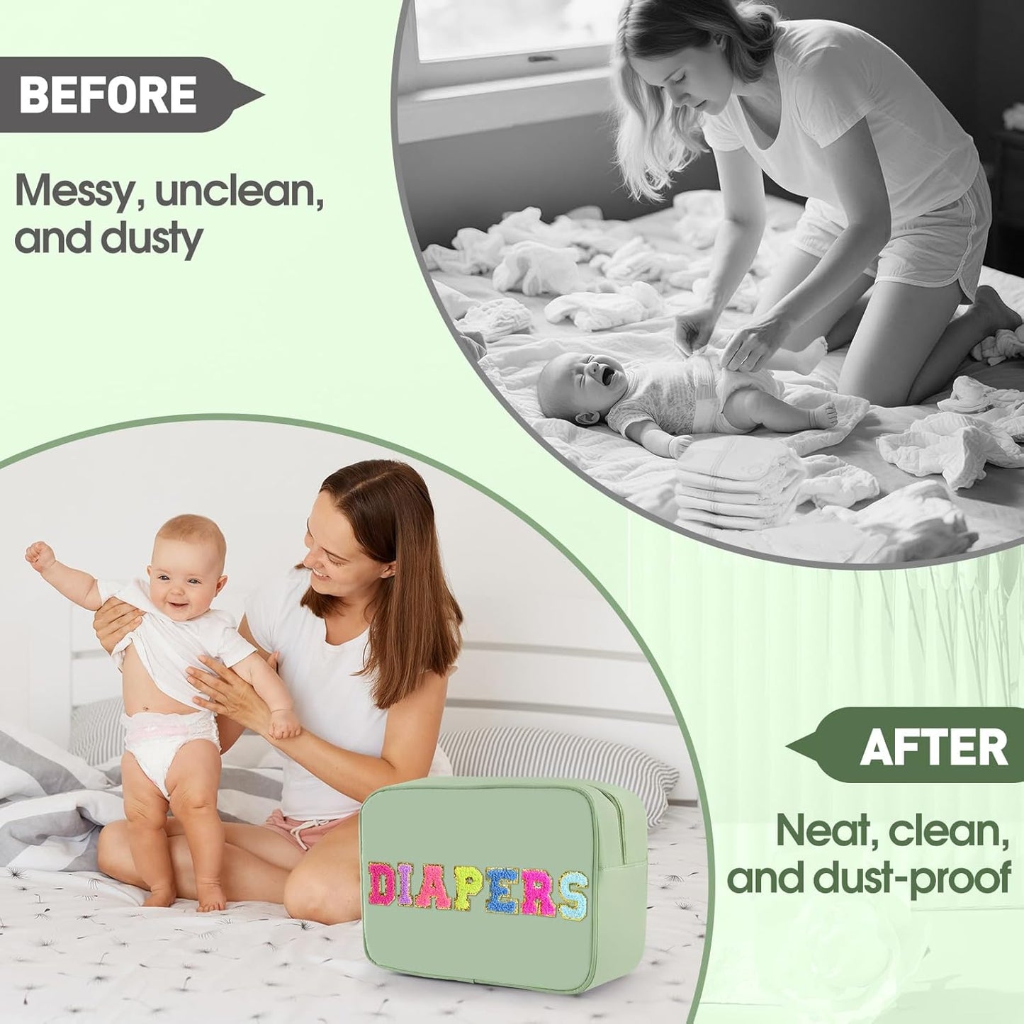 Small Diaper Bag, Chenille Letter Diaper Caddy Organizer Pouch Newborn Baby Essentials Must Haves for Nursery Changing Table, Sage Green Waterproof Diaper Pail Baby Shower Gifts for Mom To Be