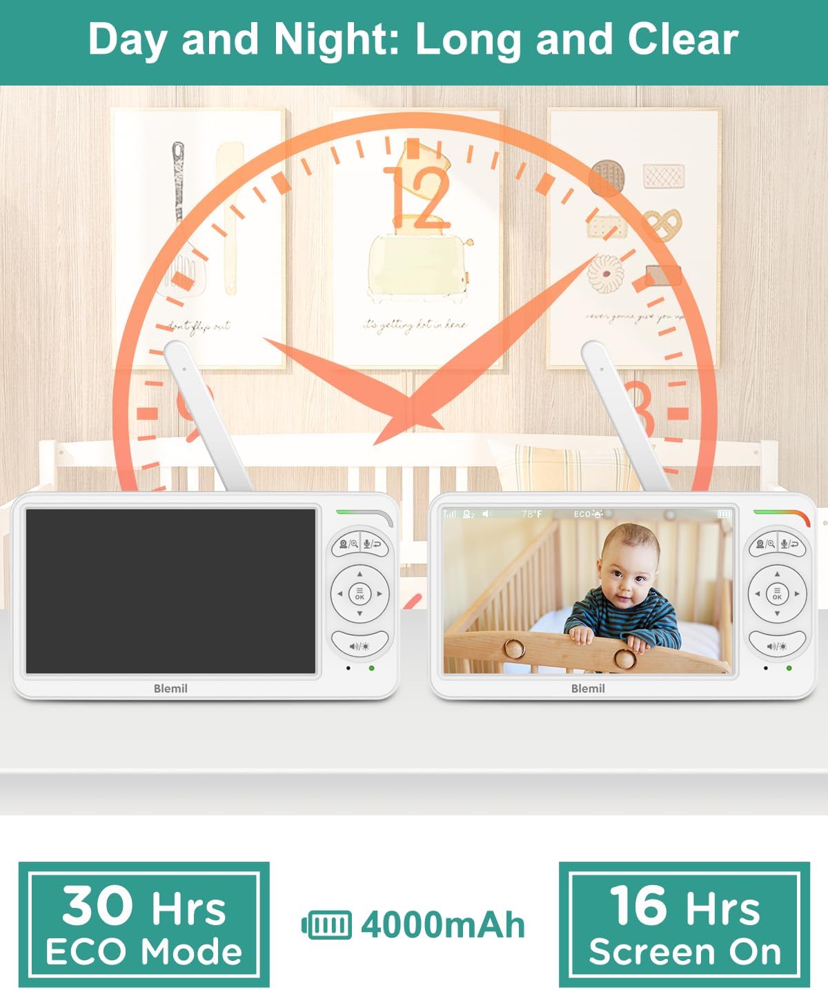 Blemil 6" Baby Monitor with 2 Cameras 4000mAh Battery Upgrade Split Screen Video Baby Monitor No WiFi Remote Pan-Tilt-Zoom Auto-Night Vision 150 Languages ECO Mode 2-Way Talk 1000FT (Ideal Condition)