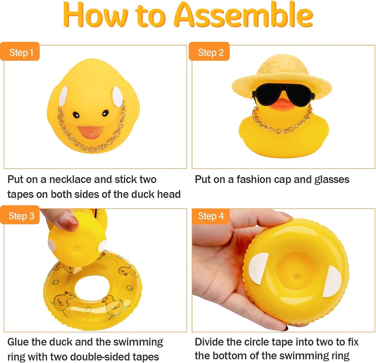 wonuu Car Rubber Duck, Yellow Duck Decoration Dashboard with Sun Hat Swim Ring Necklace Sunglasses for Car Dashboard Decorations, Black Top Hat-Transparent
