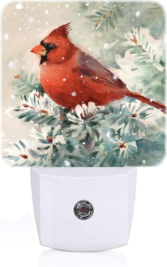 Winter Cardinal Bird Night Light,Plug Into Wall for Boys Girls Bedroom Decorative Square Night Light Lamp 0.5w Sleep Friendly