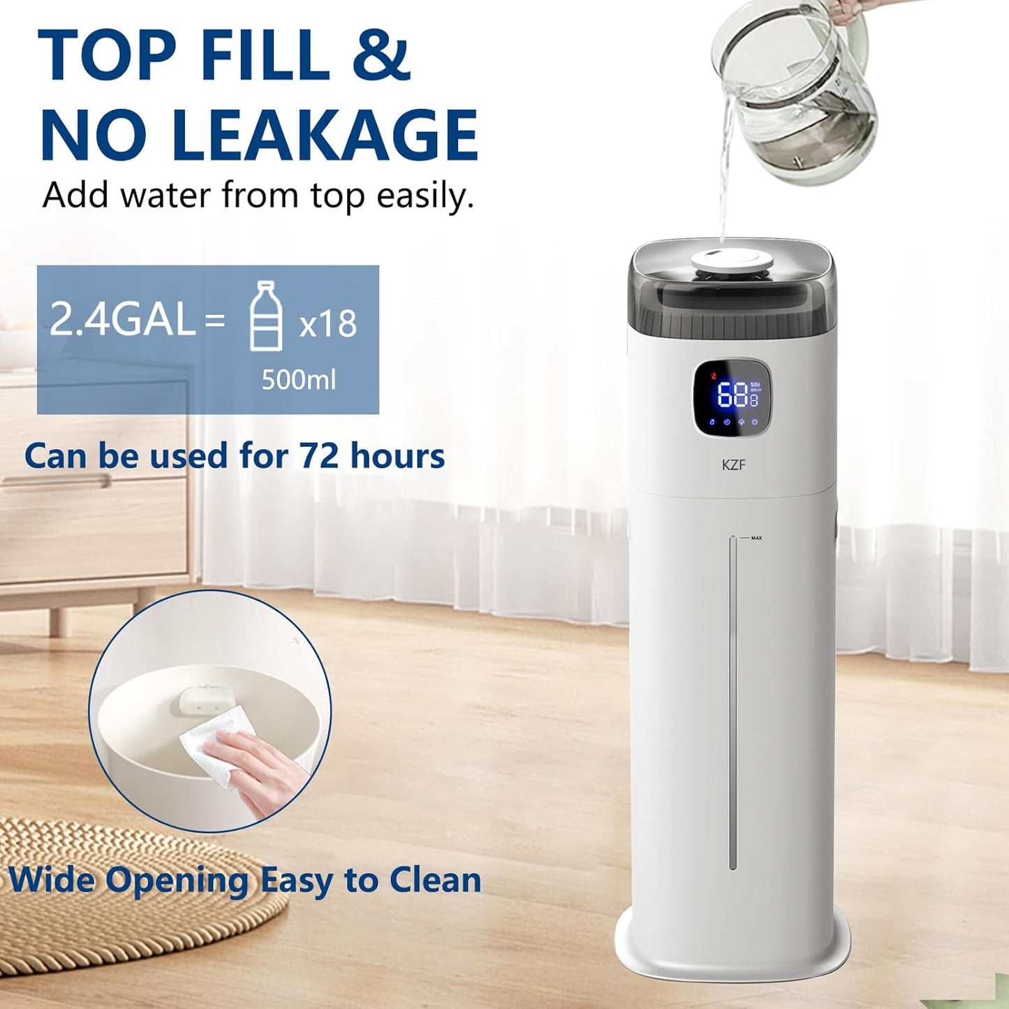 Large Humidifier for Bedroom, 9L/2.5Gallon Ultrasonic Cool Mist Humidifier with Humidistat, 360°Nozzle, 350ML/H Big Mist Level, Suitable for Kids Room Livingroom Yoga Office Plant，White
