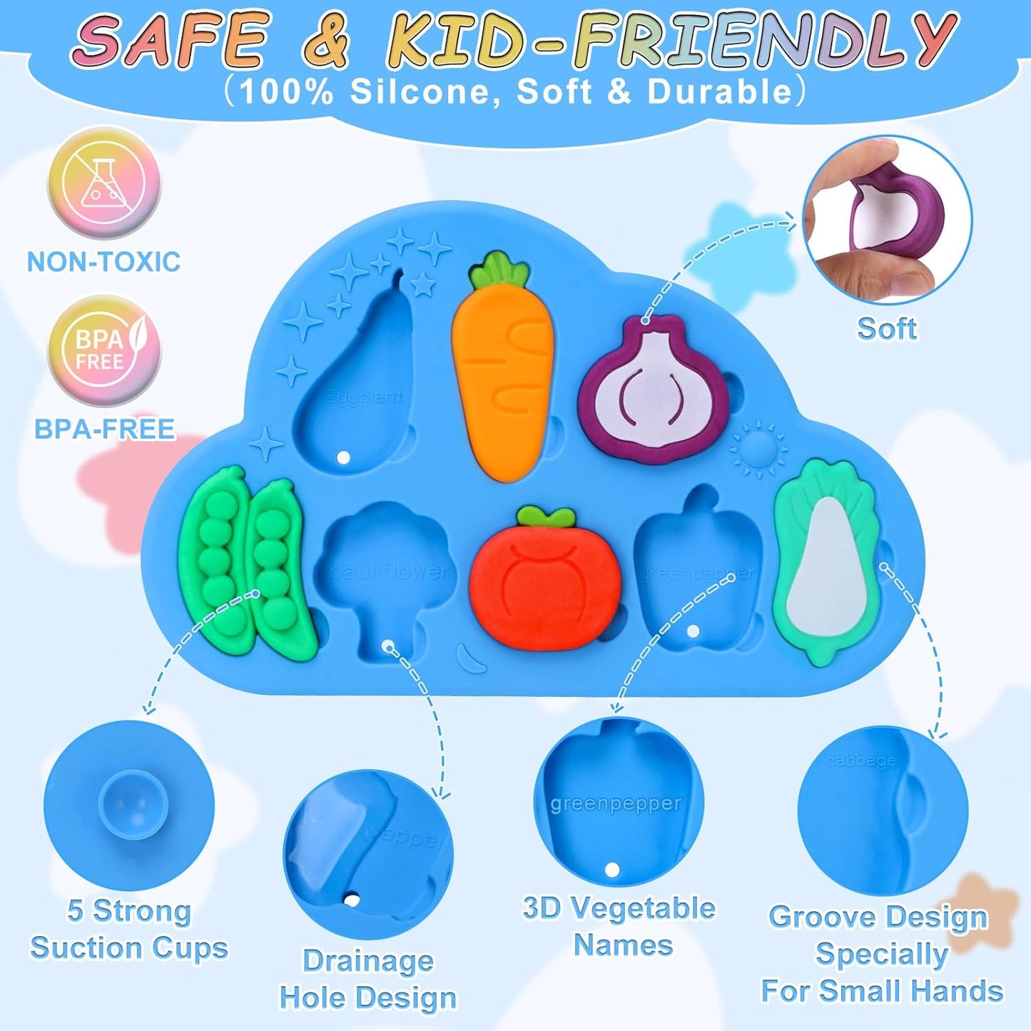 Baby Bath Toys, Premium Silcone Mold Free Vegetable Bath Toys, Soft Toddlers Floating Bathtub Toy, No Hole Tub Water Toys, Shape Sorting&Matching Educational Learning Toy Gift for Boys Girls Kids