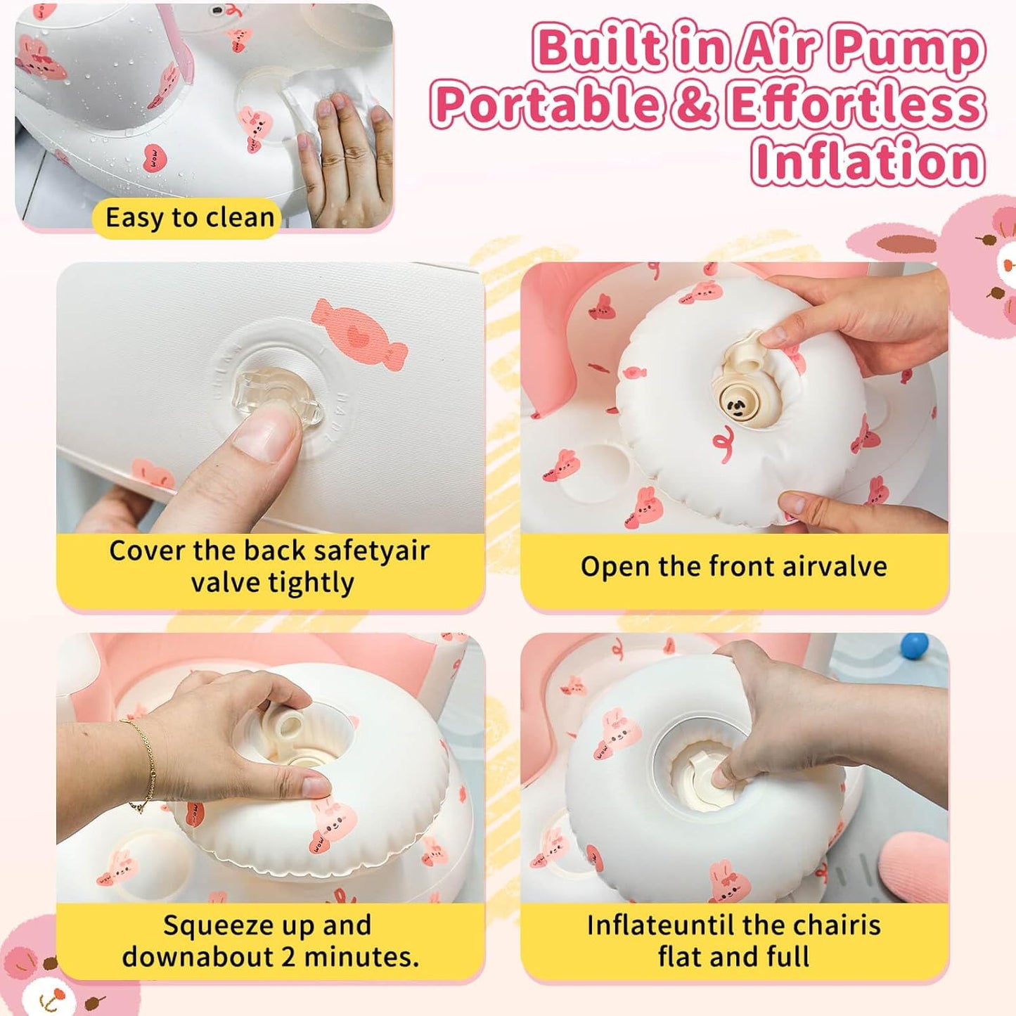 Inflatable Baby Seat for Infans for Sitting Up,Baby Chair Sit Me Up with Tray and Back Support,Learning to Sit for 4-36 Months,Includes Built-in Air Pump(Pink Bunny)
