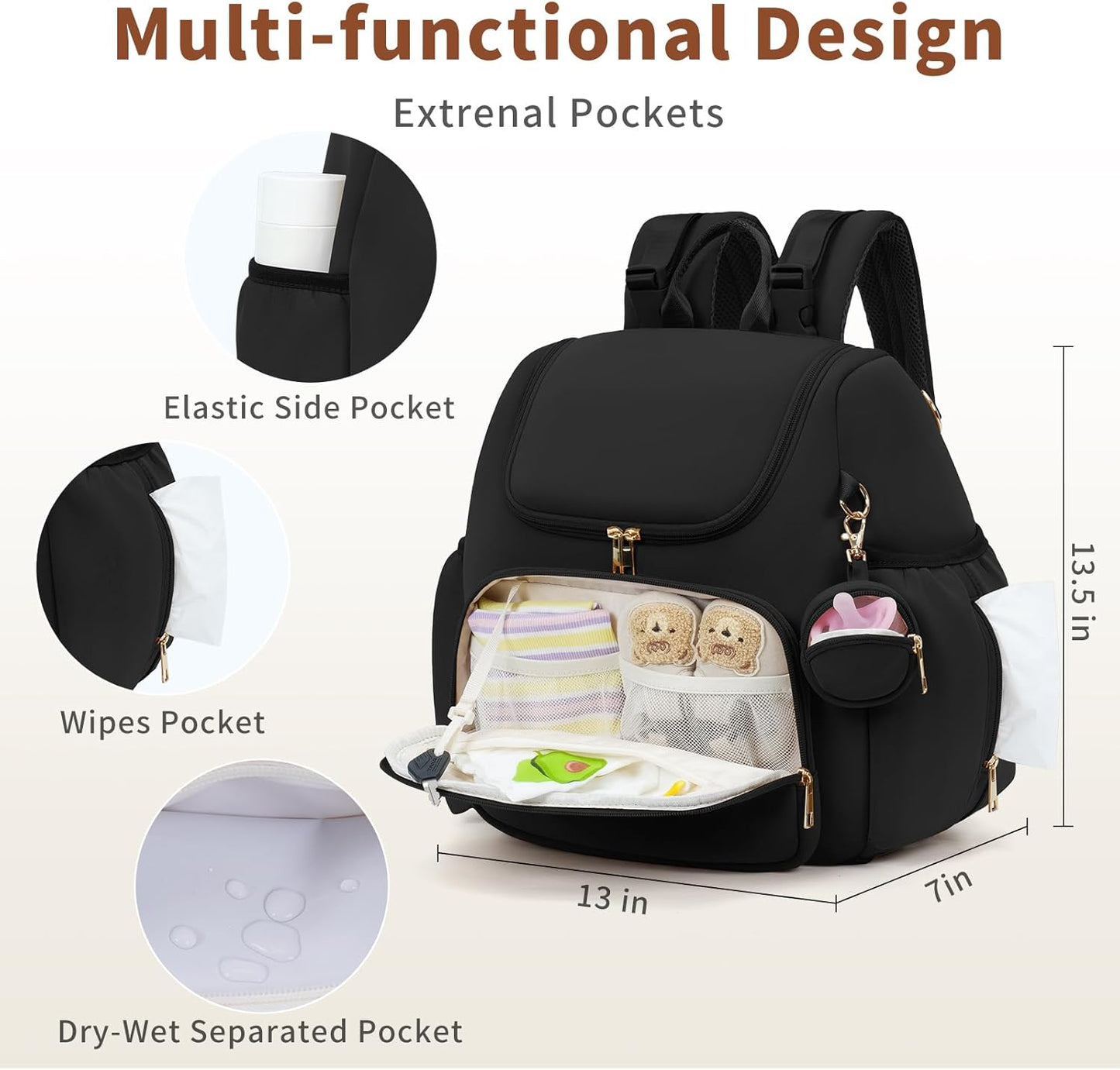 CEI-CEI Neoprene Diaper Bag Backpack Stylish Baby Maternity Bags Travel Tote for Mom with Insulated Pockets, Changing Pad, Stowable Shoulder Strap