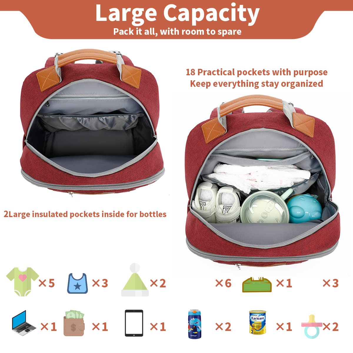 Diaper Bag Backpack, Large Baby Nappy Bags with Portable Changing Pad for Boys and GirlsMultifunction Travel Baby Bag for Moms Dads, Shower Gifts Waterproof and Stylish，Red