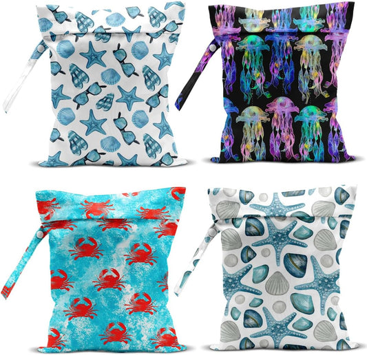 4 Pack Wet Bag for Swimsuit, Beach Travel Essentials Wet Dry Bag, for Sunscreen Toiletry Dirty Clothes Yoga Gym Diaper, Friend Summer Beach Vacation Gifts. Crabs, starfish, jellyfish