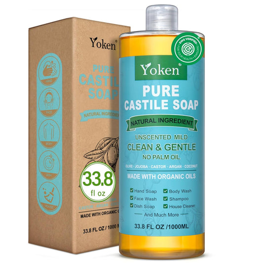 EWG Verified Castile Soap Liquid Unscented 33.8 fl oz Pure Castile Liquid Cleanser Made With Organic Oil, Clean & Gentle, Natural Castor Oil Soap for Body Wash, Hand, Dishes, Laundry