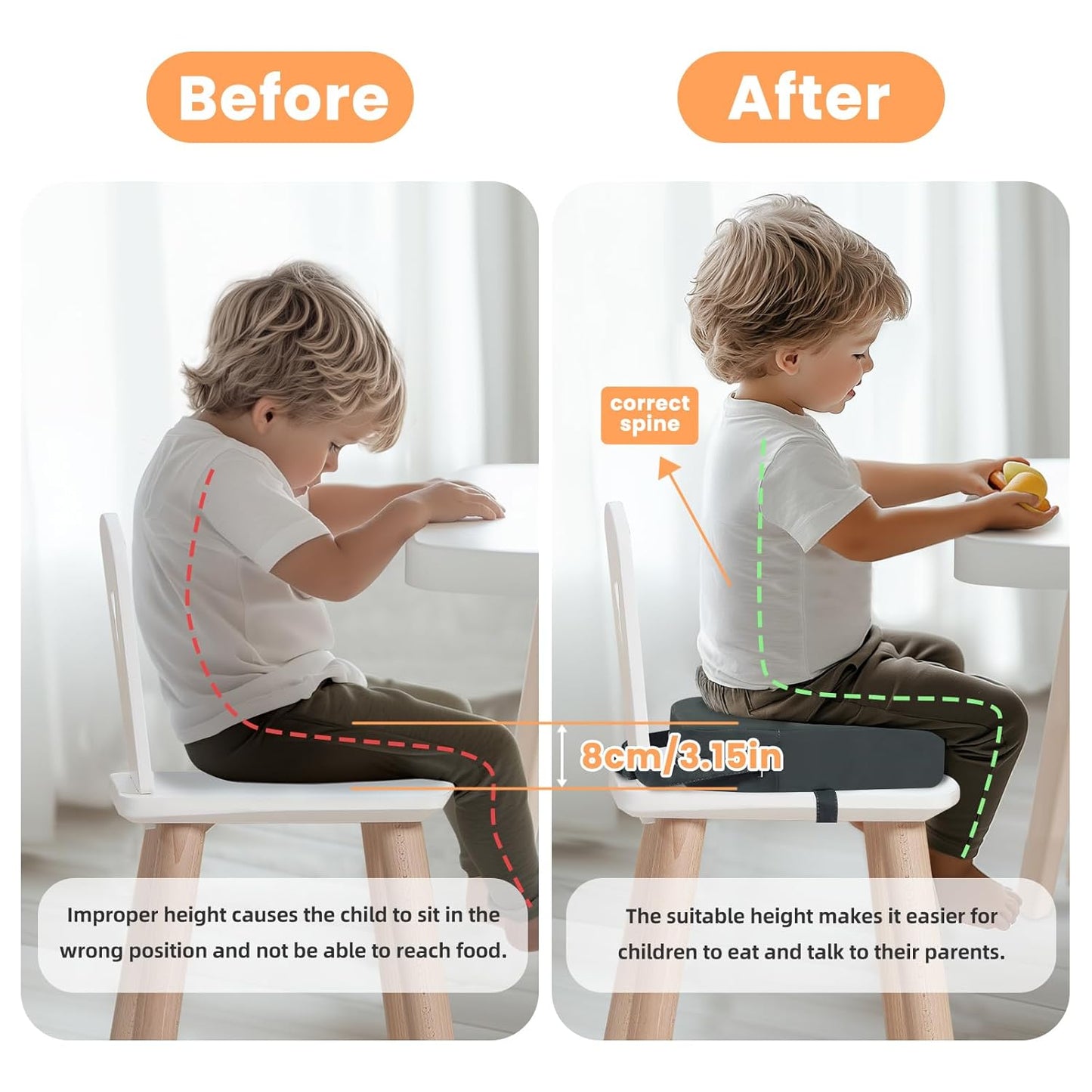 Toddler Booster Seat for Dining Table, Kids Booster Seat for Kitchen Chair with Non-Slip Bottom, Portable Detachable Washable Increasing Cushion with 2 Adjustable Straps (Grey)