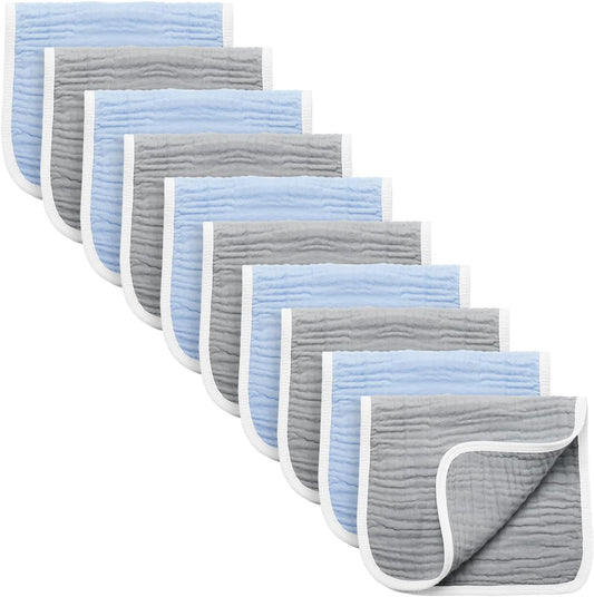Synrroe Burp Cloths Large, Muslin Burp Cloths for Baby Girls and Boys, Pack of 10 Extra Absorbent and Soft Muslin, 6 Layers 20 by 10 Inches 100% Cotton (Blue-Grey 10 Pack)