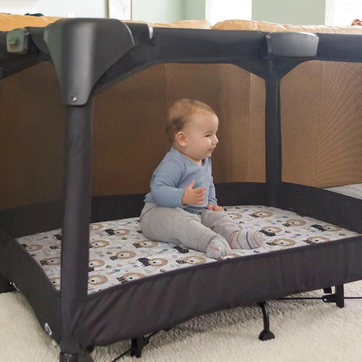 Pack n Play Sheets, BROLEX 2 Pack Mini Crib Sheets,Stretchy Portable Fitted Playard Sheet Set, Convertible Playard Mattress Cover,Ultra Soft Breathable Material,Dinosaur Lion