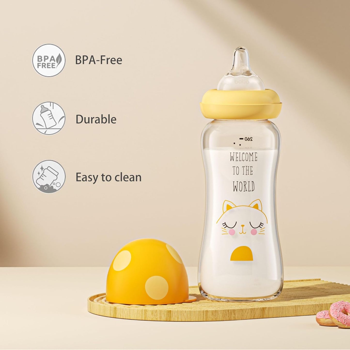 YOHKOH Natural Glass Baby Bottle with Natural Response Nipple, Newborn Anti-Colic Baby Bottles, Wide Neck Mushroom Cap Baby Bottle, Clear (8.8ounce (Pack of 2), Yellow1)