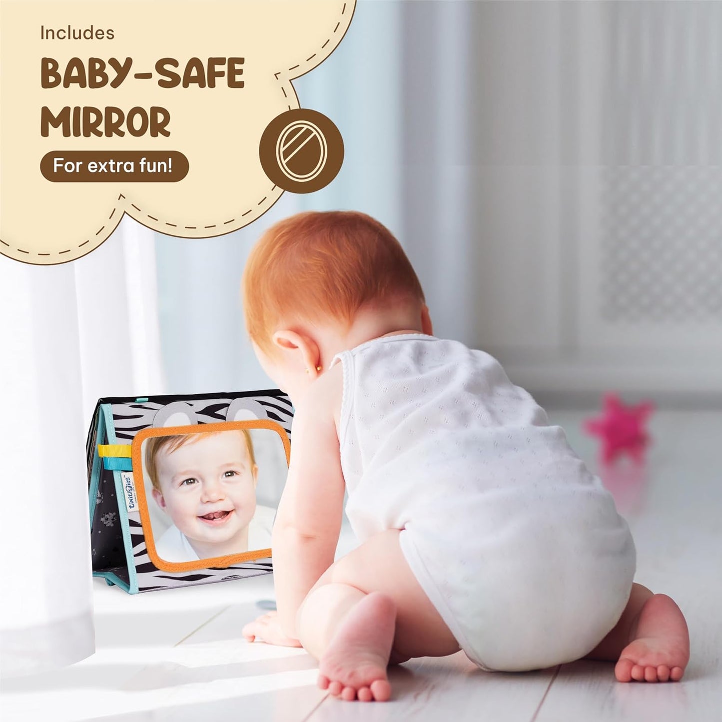 Tummy Time Mirror for Babies - High Contrast Baby Mirror Book with Silicone Teether & Crinkle Pages - Tummy Time Toys for Babies 0 3 6 9 Months