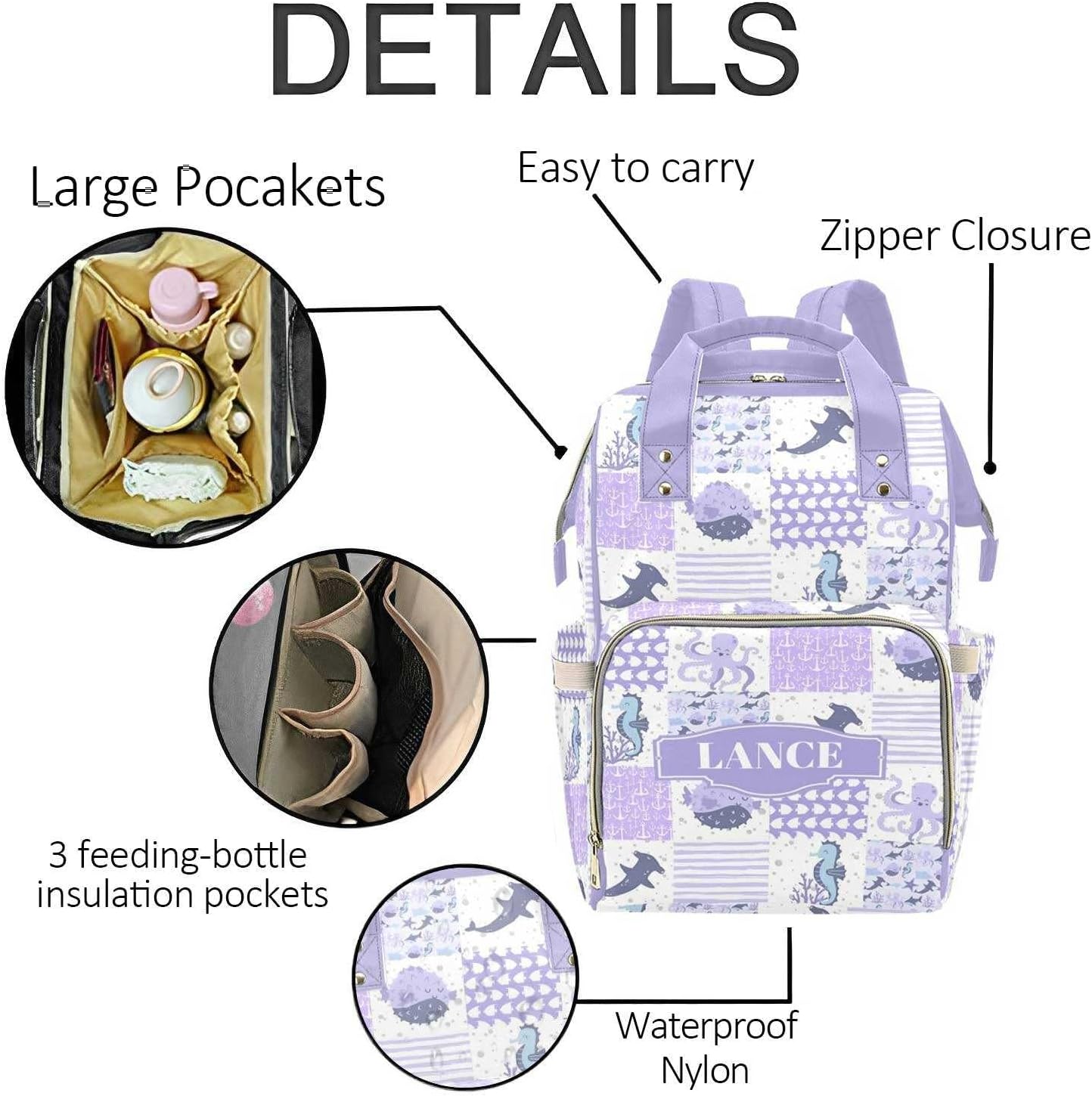 Ocean Animals Personalized Diaper Bag with Custom Name – Custom Baby Tote Backpack for Mom, Unique Gift for New Parents, Baby Shower Essentials