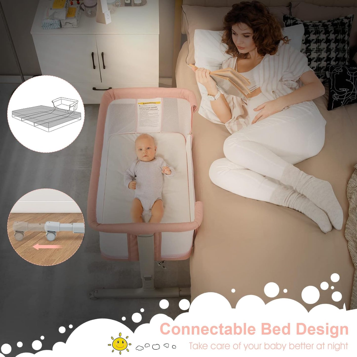 INFANS 3 in 1 Baby Bassinet, Bedside Sleeper for Newborn, Folding Crib with Mattress, Travel Bag, Wheels, 4-Sided Mesh, Easy to Assemble Cradle Co Sleeper Stationary, Rock (Pink)