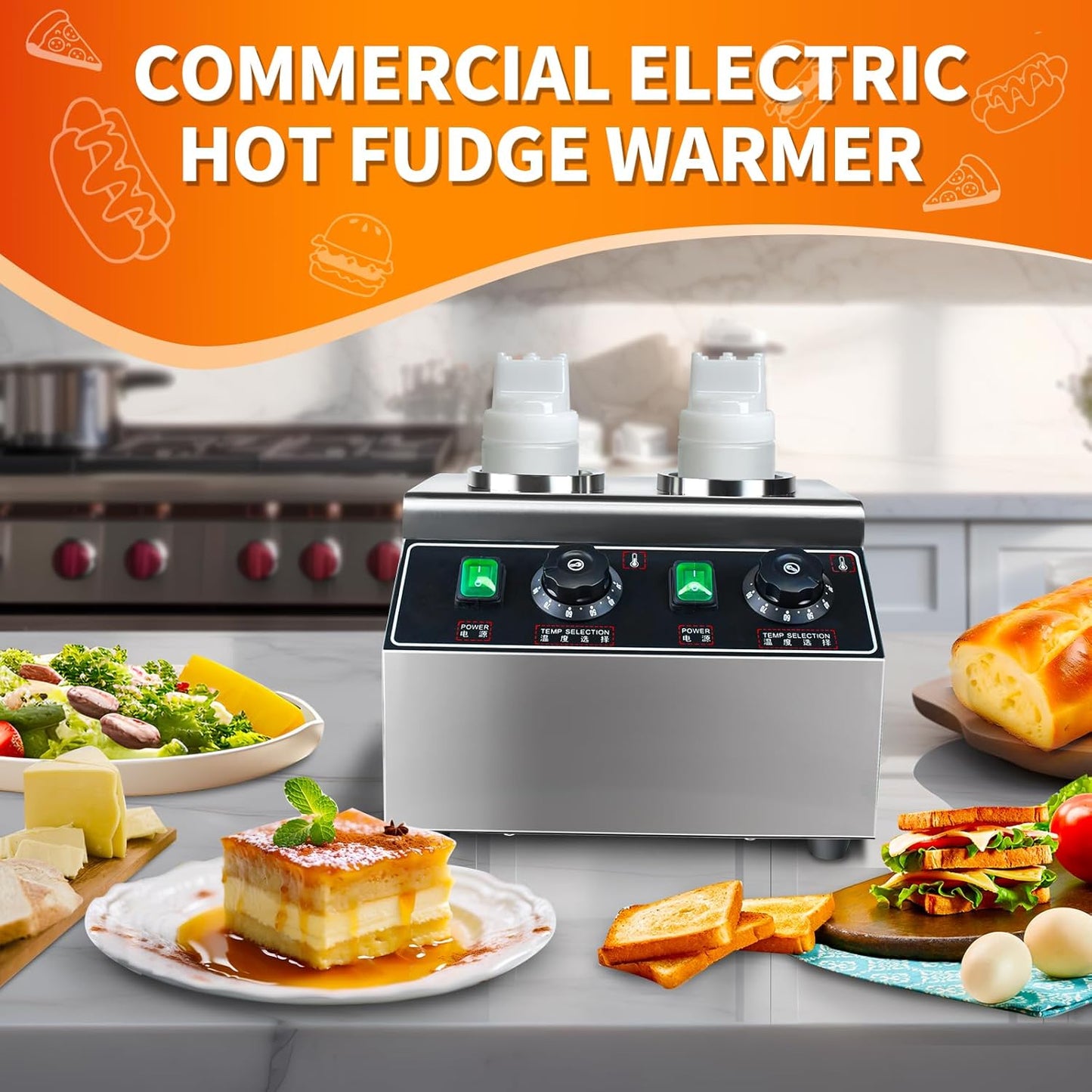 YOOKTEN Electric Sauce Bottle Warmer, 0.68x2 Qt Commercial Hot Fudge Warmer Hot Chocolate Warmer and Dispenser Nacho Cheese Warmer,86-185℉Sauce Warmer Dispenser,Double Bottles Nacho Cheese Warmer