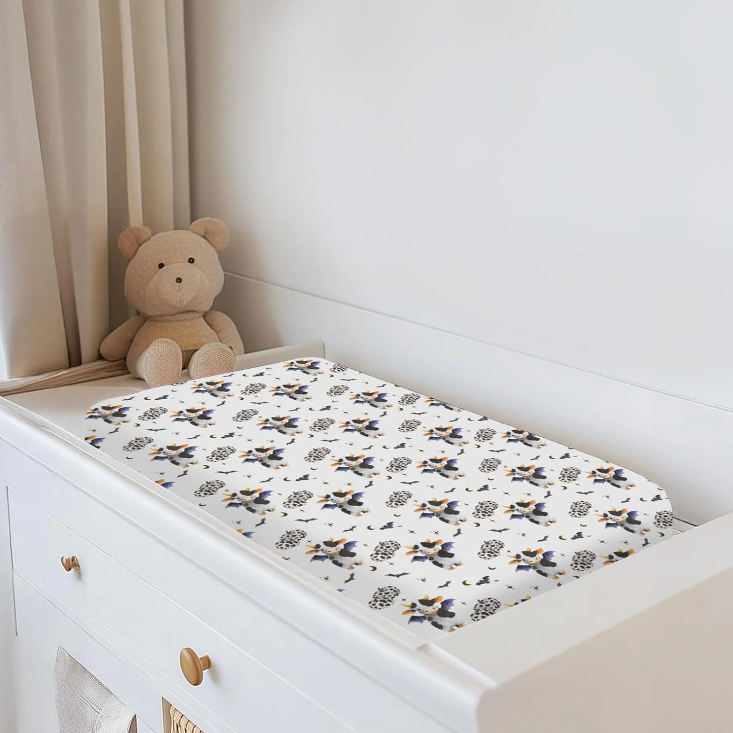 Halloween Cow Bats Pumpkins Baby Changing Pad Covers for Boy Girl Cute Cows Moon Stars Fitted Change Table Pad Covers Mats Spooky Farm Animal Soft Diaper Change Table Cover Sheets 32''×16''