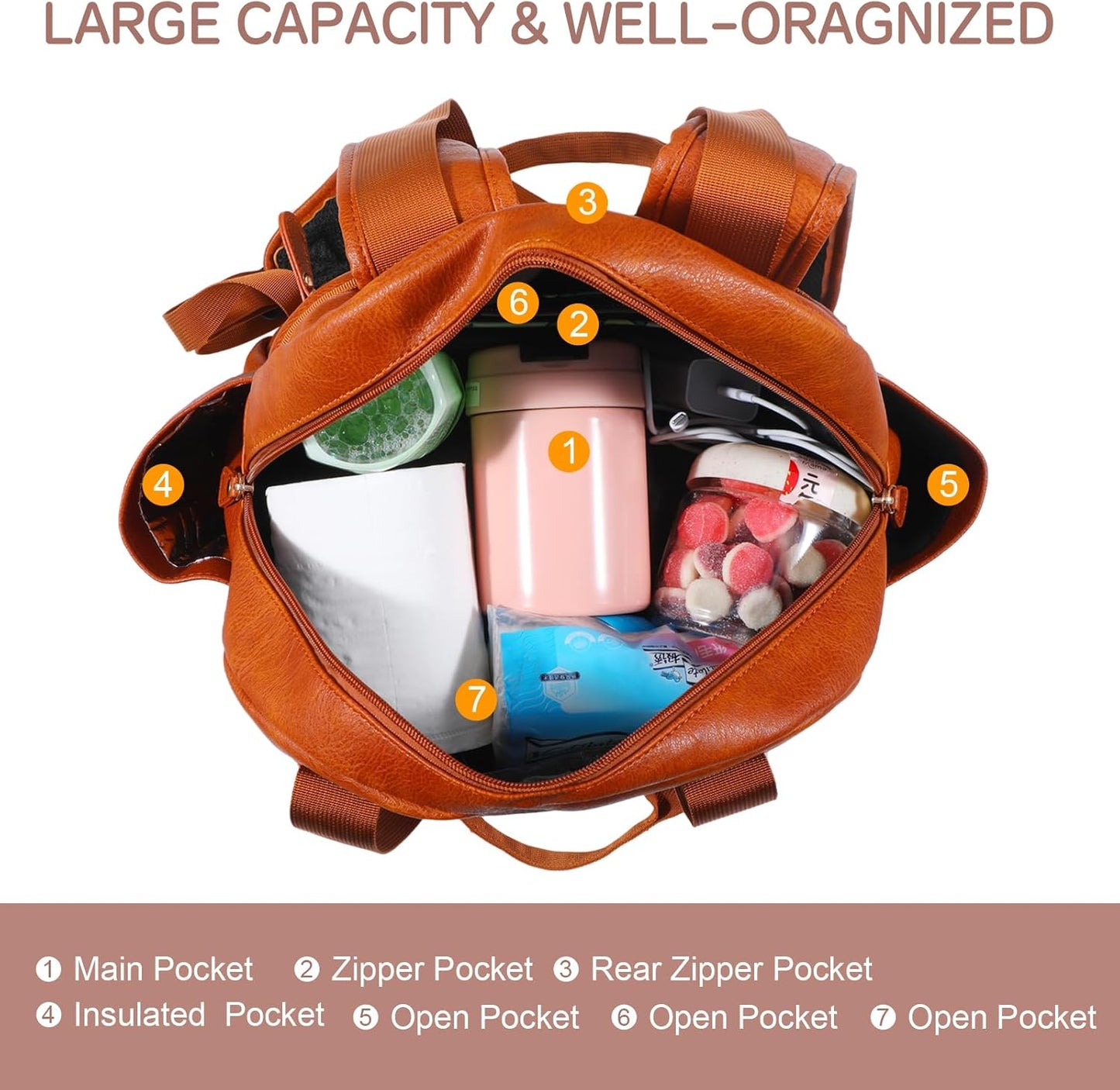 Stylish Diaper Bag Backpack, Leather Large Capacity Travel Baby Diaper Bag Tote for Mom Dad, Handbag shoulder bag, Waterproof, Lightweight Brown