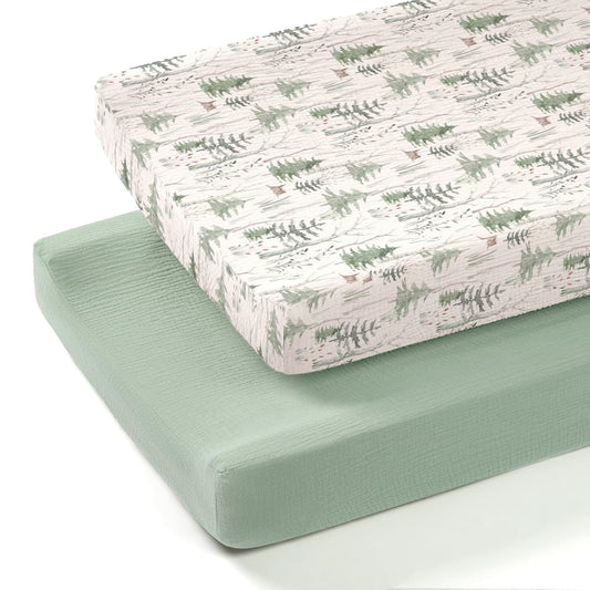 lulumoon Muslin Changing Pad Cover: 2-Pack Soft Breathable Cotton Boho Forest Print for Baby Boys - Nursery & Baby Shower