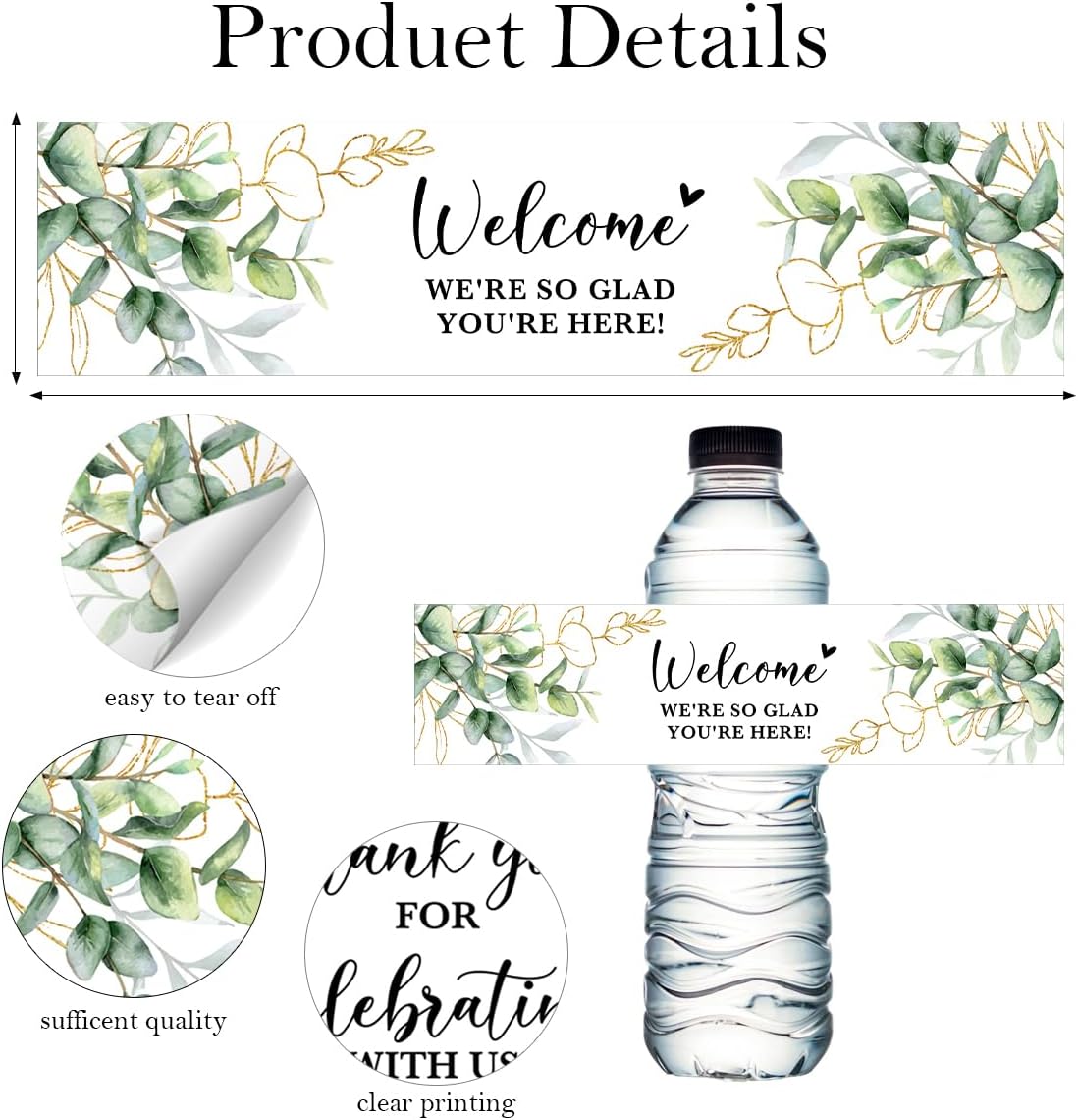 100PCS Wedding Water Bottle Labels Waterproof Greenery Floral Wraps Sticker for Water Bottle Baby Shower Bottle Label for Bridal Shower Party Welcome (Eucalyptus)