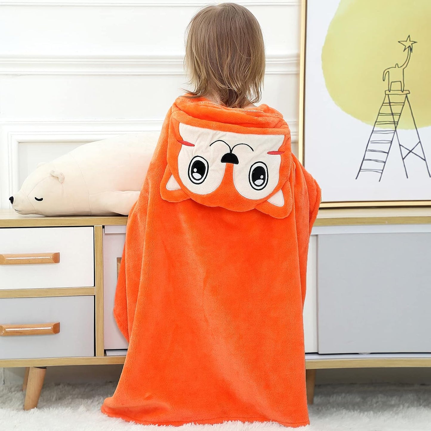 Wearable Blanket Hoodie for Kids Toddlers Hooded Towels Soft Cozy Flannel Wearable Throw Blanket Hoodie for Boys Girls Birthday Gifts (Fox 60 * 50)