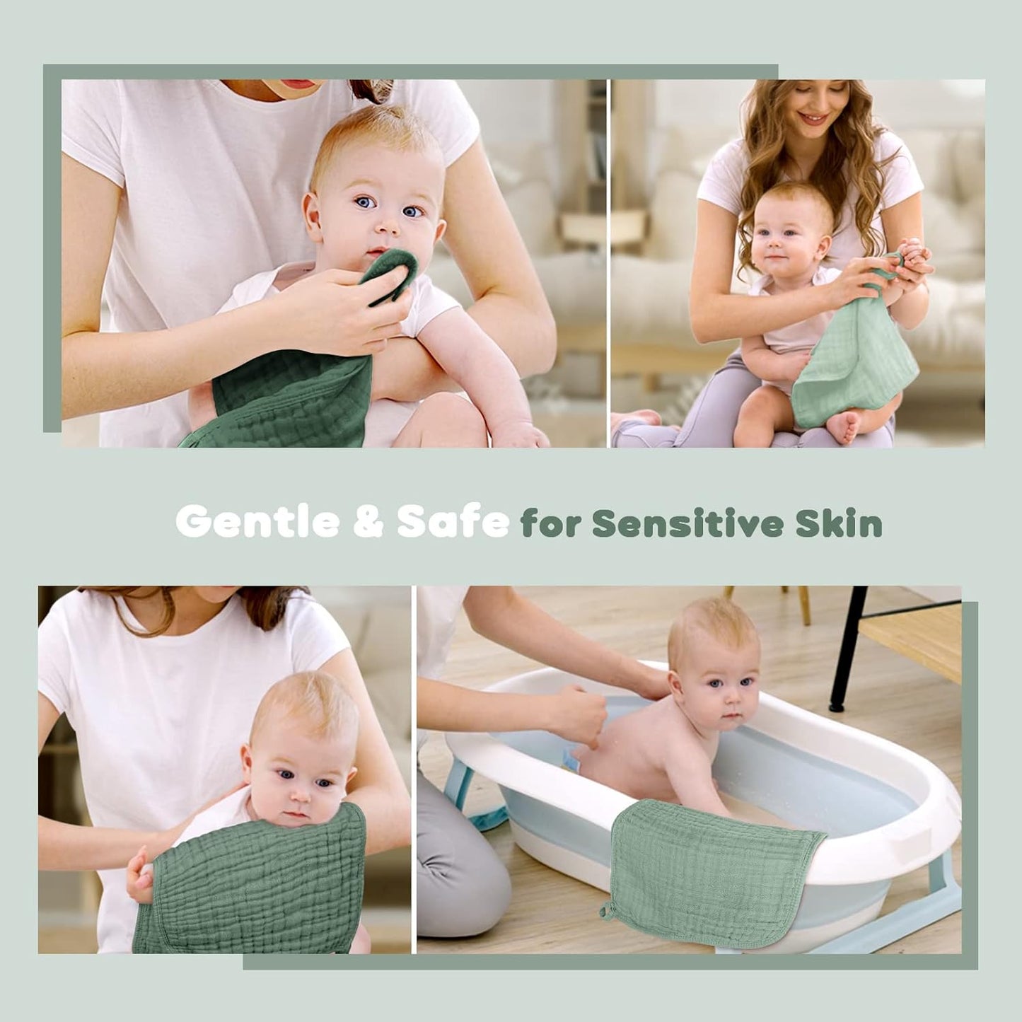 Yoofoss Muslin Burp Cloths for Baby 10 Pack 100% Organic Cotton Baby Washcloths for Boys Girls Large 20''X10'' Super Soft and Absorbent Gradient Green