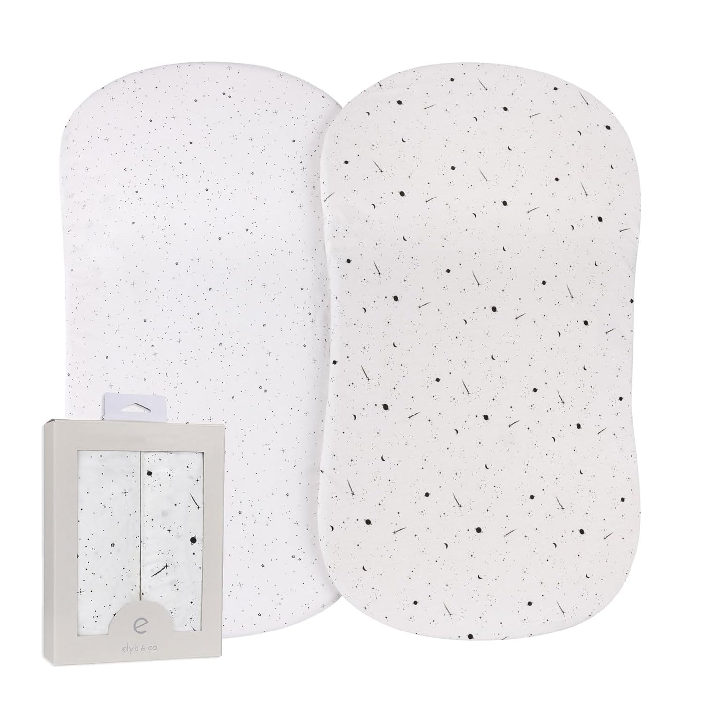 Ely’s & Co. Bassinet Sheets, Baby Boy/Girl Fitted Bassinet Mattress Sheet Set - 2 Pack, 100% Jersey Knit Cotton, fits Oval, Hourglass and Rectangle Mattress, Black and White Celestial, 32”x16”x3”