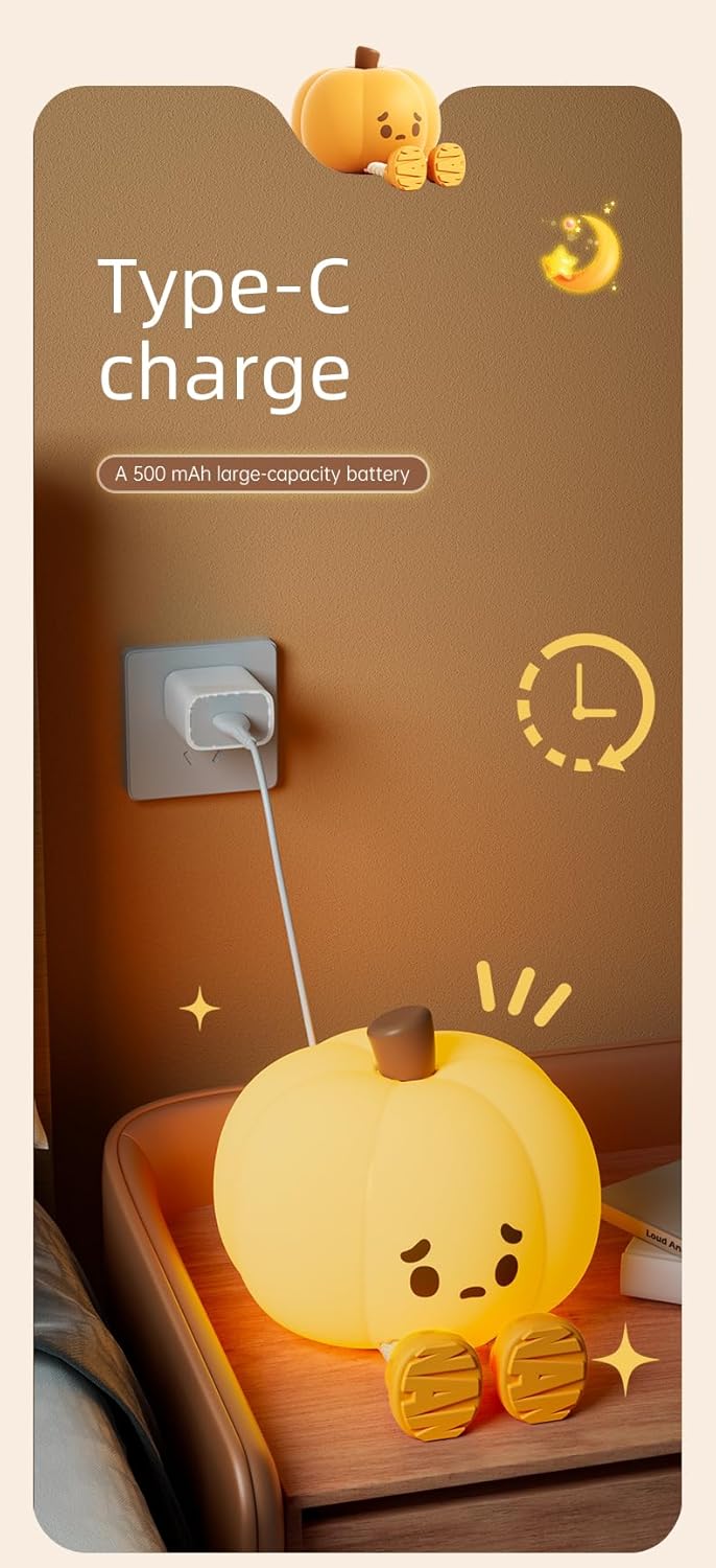 ATSUI Pumpkin Night Light, Halloween LED Squishy Novelty Lamp, Food Grade Silicone, Dimmable, Rechargeable Breastfeeding Nursery Nightlight for Desk Decor, Funny Gifts Stuff for Kids Women Boys Girls