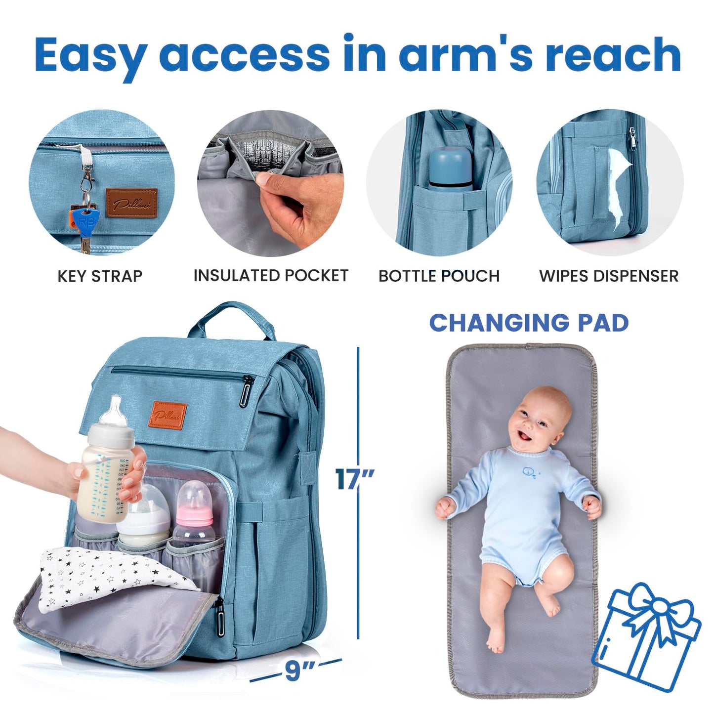 PILLANI Baby Diaper Bag Backpack - Large Bag for Boys & Girls, Waterproof Diaper Backpack - Travel Diaper Bags w/Changing Pad, Baby Registry Search & Shower Gifts - Essentials Must Haves Newborn Stuff