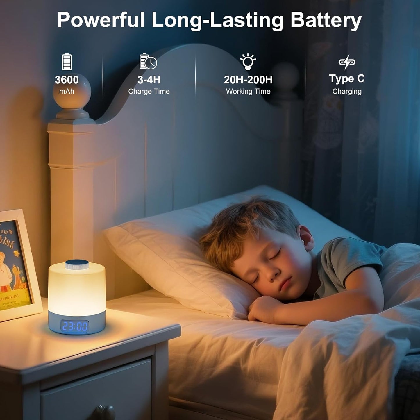 Wobane Night Light for Kids, 3 Colors Dimmable Baby LED Lighting, 3600mAh Battery Rechargeable with Digital Time, Portable Bedside Lamp for Nursery, Breastfeeding, Adults, Blue