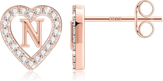 Anoup Christmas Gifts for Grandkids Girls Earrings - S925 Sterling Silver Post CZ Hypoallergenic Stud Heart Initial Earrings for Women Kids Jewelry Stocking Stuffers for Teen Girls Birthday Gifts