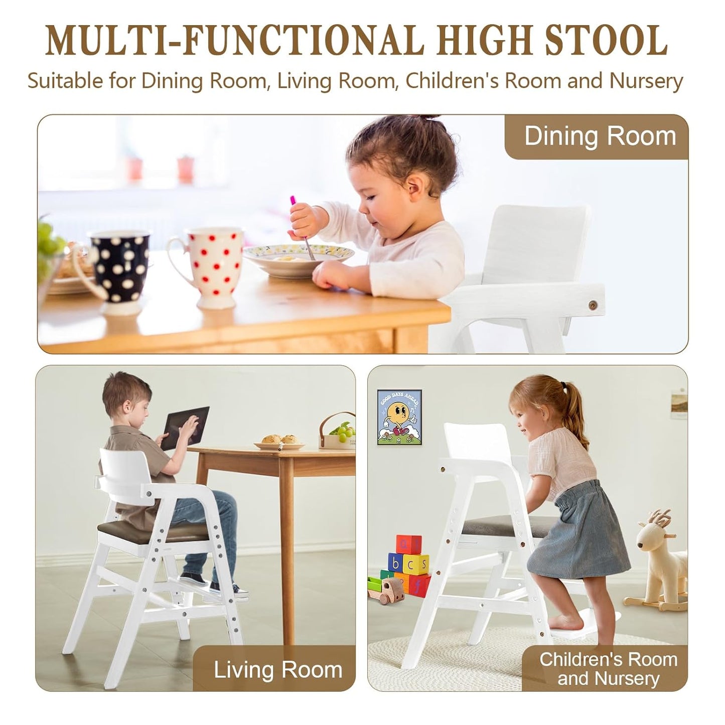 Solid Wood High Chair for Toddlers to Teens, Adjustable Height Toddler Dining Chair, Easy to Clean Toddler Highchair with Removable PU Cushion for Dining, Studying, Step Tool, White