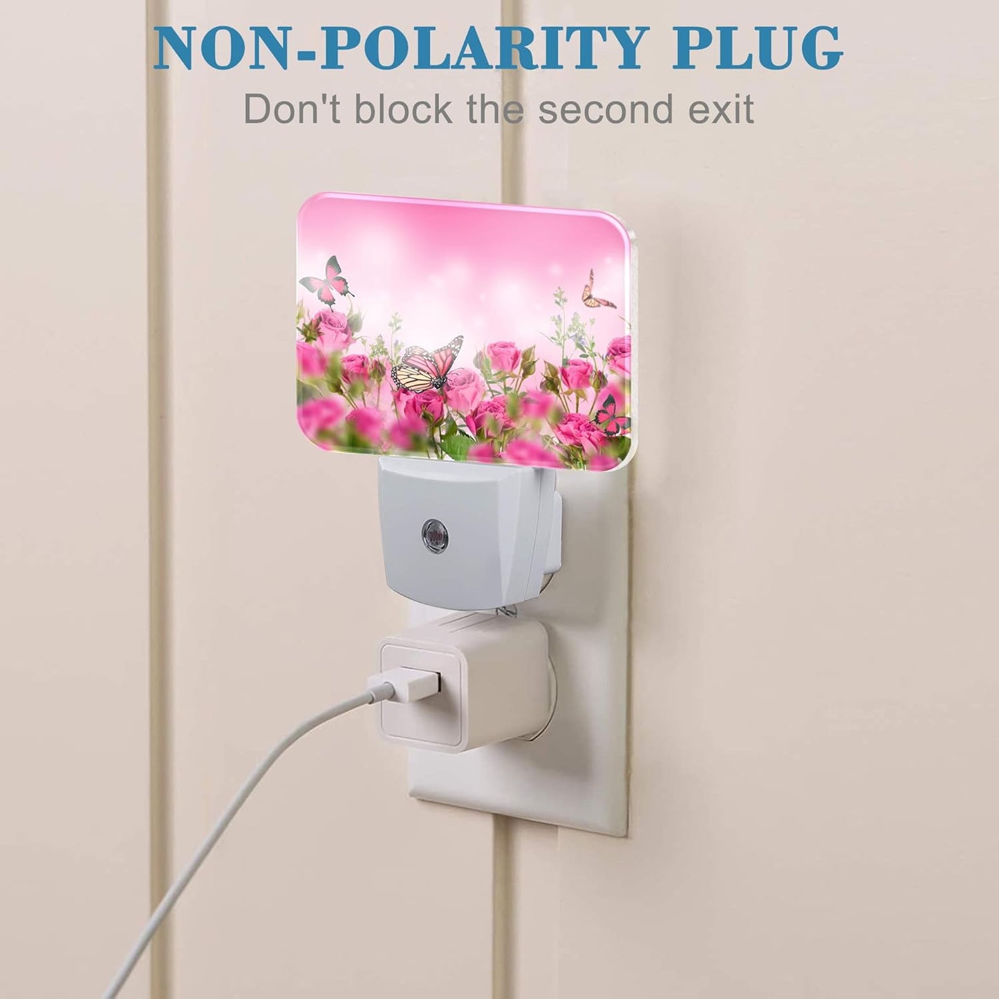 Beautiful Pink Roses Plug in Night Lights, Pink Butterfly Nightlight Plug Into Wall Dusk to Dawn Sensor for Kid Girls Boys Women Men Room, Hallway, Kitchen, Bathroom, Stairs Decor