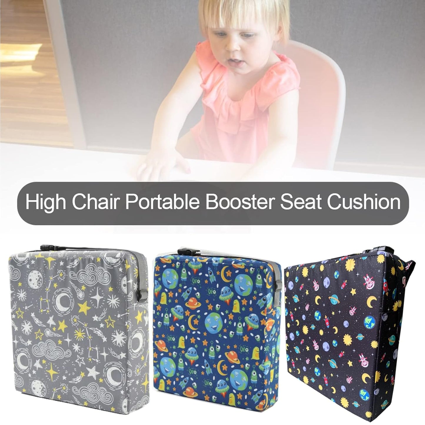 Taeku Booster Seat for Dining Table, Portable Kids Toddler Booster Chair Increasing Cushion Cartoon Seat Pad with 2 Safety Buckles for Kitchen Restaurant (Planet Grey)