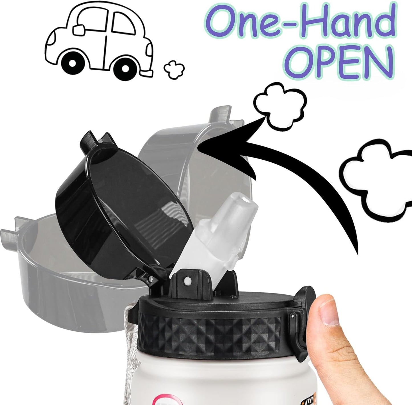 GOPPUS Kids Water Bottle (Straw Lid) - 14 Oz Stainless Steel Travel Bottle, Double Wall Vacuum Leak Proof Kids Cup for School Boys Girls,White engineering car
