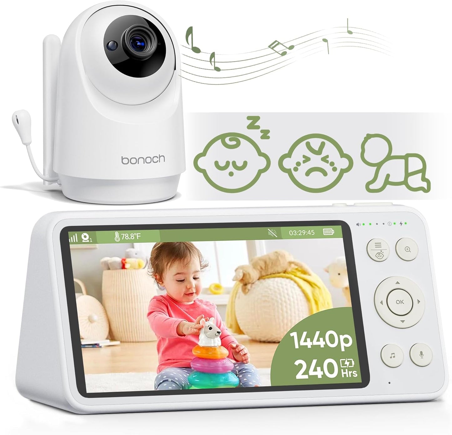 bonoch 1440p Baby Monitor with Camera and Audio, Smart No WiFi Baby Camera, 5.5" Video Monitor, AI Crying/Motion/Turn Over Detect, 240h Lasting, Hack Proof, Auto Night Vision, VOX Mode, White Noise