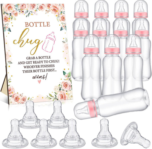 TrelaCo Floral Cool Baby Shower Games Bottle Chug Sign Wooden Floral Gift Sets Gender Reveal Party Favors and 12 Pcs Baby Bottle Shower Favor for Games Gender Reveal